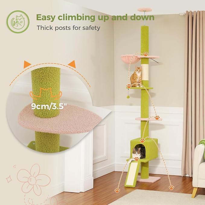 PETEPELA Floor to Ceiling Cat Tree, Cat Tower 5 Tiers Tall (83-108 Inches) Adjustable Height, Cat Climbing Tree Featuring with Cat Condo, Cat Scratching Post and Cat Perches for Indoor Cats, Pink