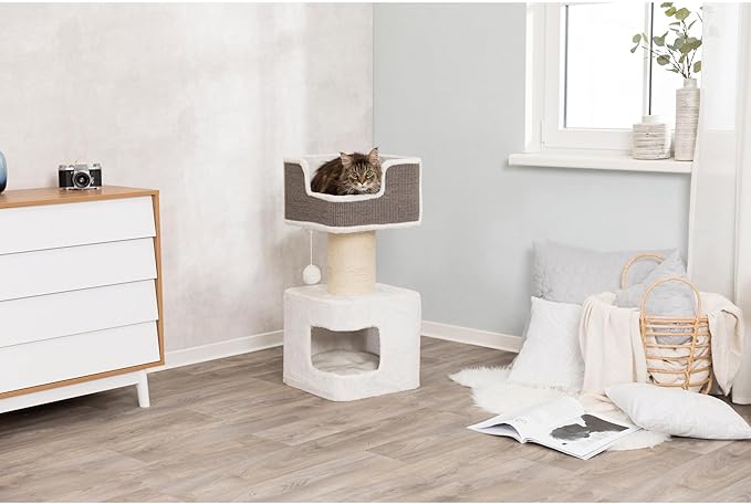 TRIXIE 33.9-in Ava XXL Cat Tree with Thick Scratching Post, Cat Condo, Cozy Top Platform with Removable Cushion, Dangling Cat Toy, Gray/White