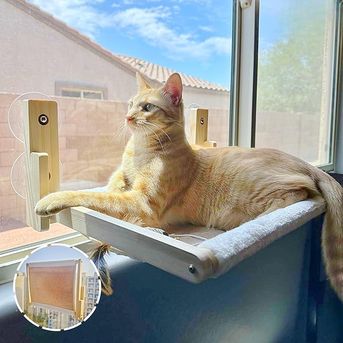 Foldable Cat Window Perch, 16.5 inches*12 inches Window Hammock for Cats, 35 lbs Weight Limit, Pine Wood Material Cat Window Hammock for Small Size Window