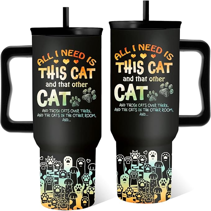 All I Need Is This Cat Tumbler For Women, Cute Paw Print Tumbler For Cat Lovers With Handle 40 Oz, Birthday Christmas Gifts For Men, Cute Animal Travel Coffee Cup