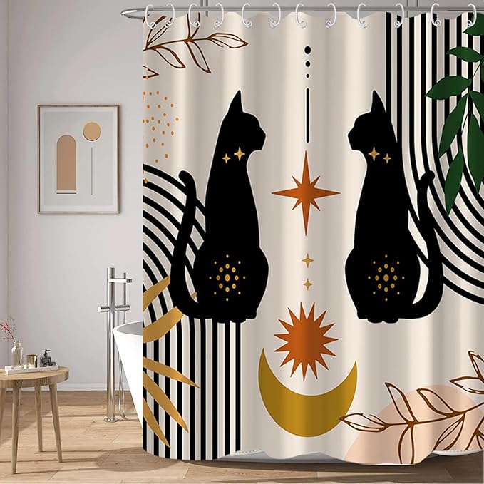 AWERT Boho Mid Century Shower Curtain Cute Cat Shower Curtain for Bathroom with Hooks Minimalist Abstract Waterproof Fabric 72x84inch