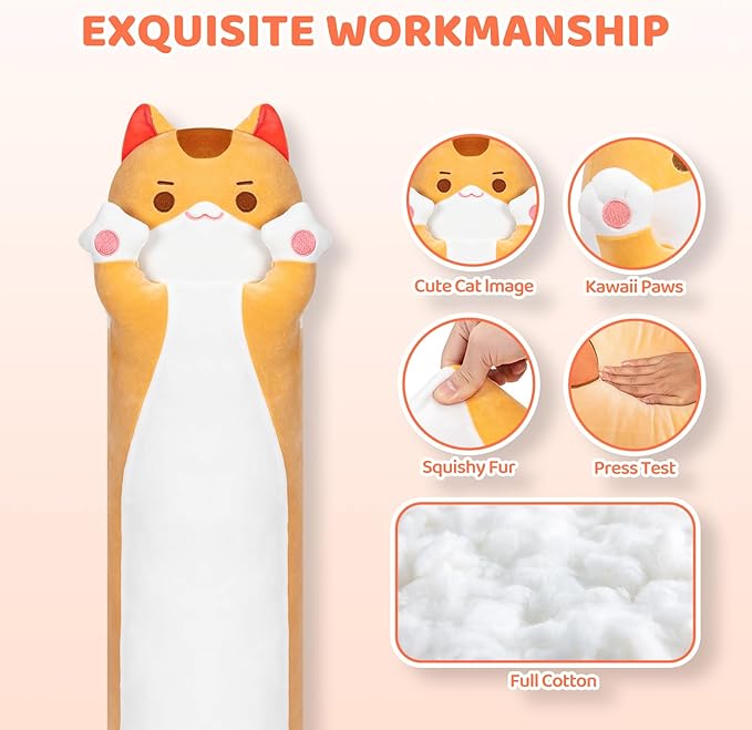 Artist-Designed Ultra Soft Long Cat Plush Body Pillow, Extra Stuffing for Comfort, Premium Quality Stuffed Animal Gift for Girlfriend or Cat Lovers (Brown Cat Body Pillow 28 Inch)