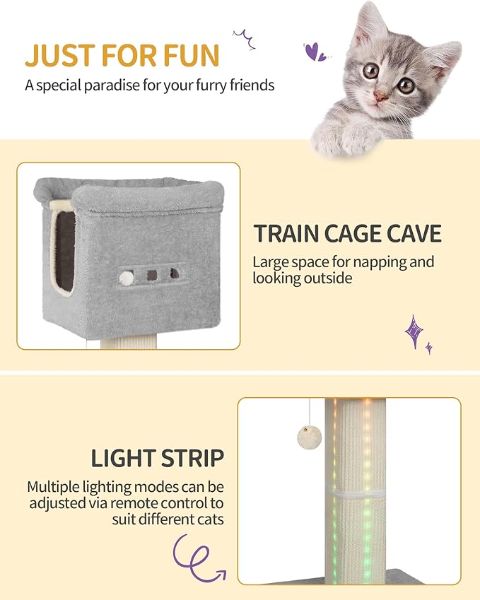39-Inch Cat Scratching Post Tower with Bed, Cat Tower with LED Light Strip, Cat Scratcher Post with Woven Sisal, Condo, Pompom, Light Gray MS99018LG