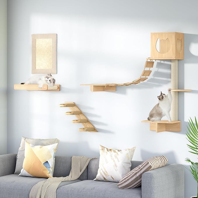 HOOBRO Wood Cat Wall Shelves, 4-Level Cat Wall Steps with Jute Scratching Steps, Cat Climbing Wall, Cat Wall Furniture, Easy to Install, Holds up to 40 lb, Natural NL11CS03