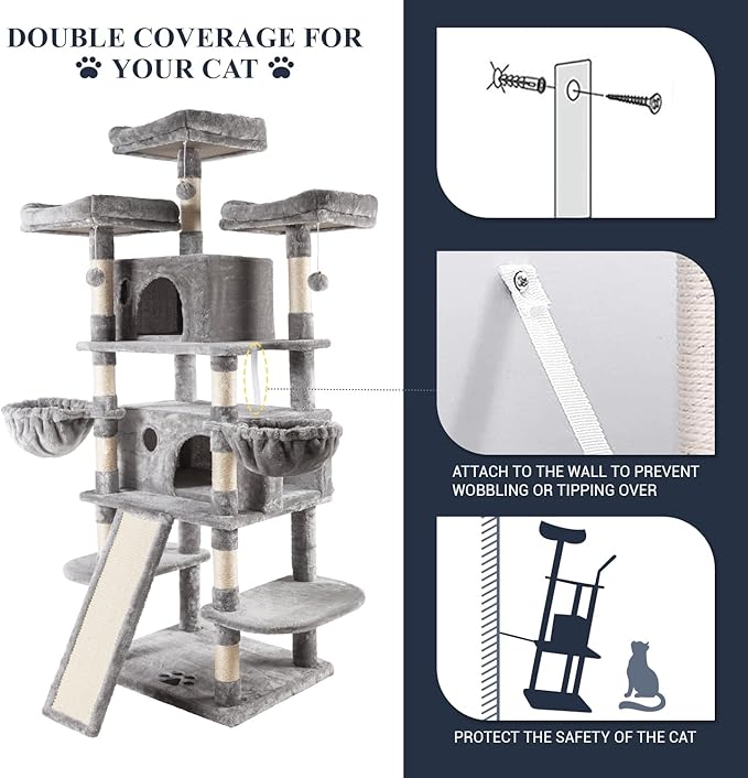 Allewie 68 Inches Cat Tree/House and Towers for Big Feline/Scratching Post/Multi-Level Large Kitty Climbing Tree with Condo/Light Grey