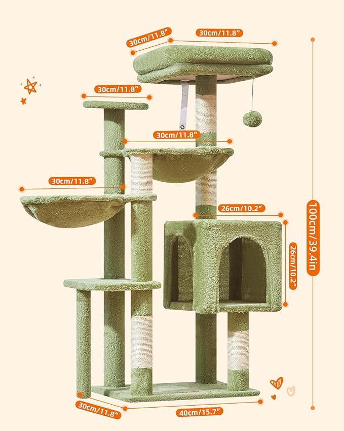 Taoqimiao Cat Tree, 39.4-Inch Cat Tower for Indoor Cats,Suitable for Kittens,Plush Cat Condo with 5 Scratching Posts, Plush Perch,2 Hammock,Pompoms, MS019GR Green