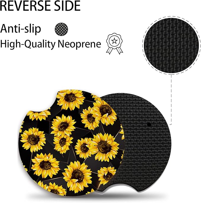 2 Pack 2.75" Sunflowers Coasters Absorbent for Women & Men Auto Drink Coasters Mats Vehicle Car Coaster for Interior Holder Accessory Insert Cars Cup Accessories