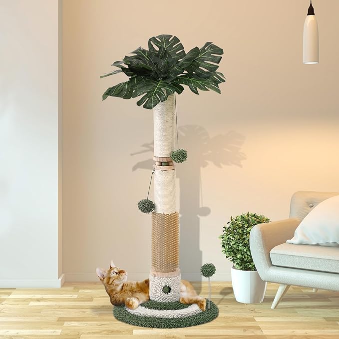 EMUST 40.2" Scratching Posts for Indoor Cats Adults, Cat Scratching Post with Nature Sisal Rope and Interactive Ball, Monstera Cat Scratch Post with Sturdy Base