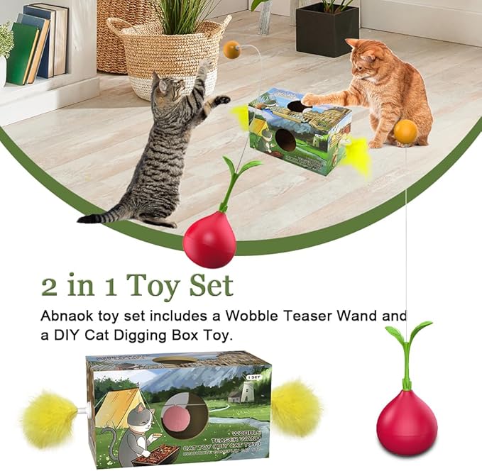 Abnaok 2-in-1 Cat Toy, Cat Interactive Toys for Indoor Cats Kitten Tumbler Balls Kitty Feather Toy, Cat-Digging Hole Toy Suitable as a Birthday Gift