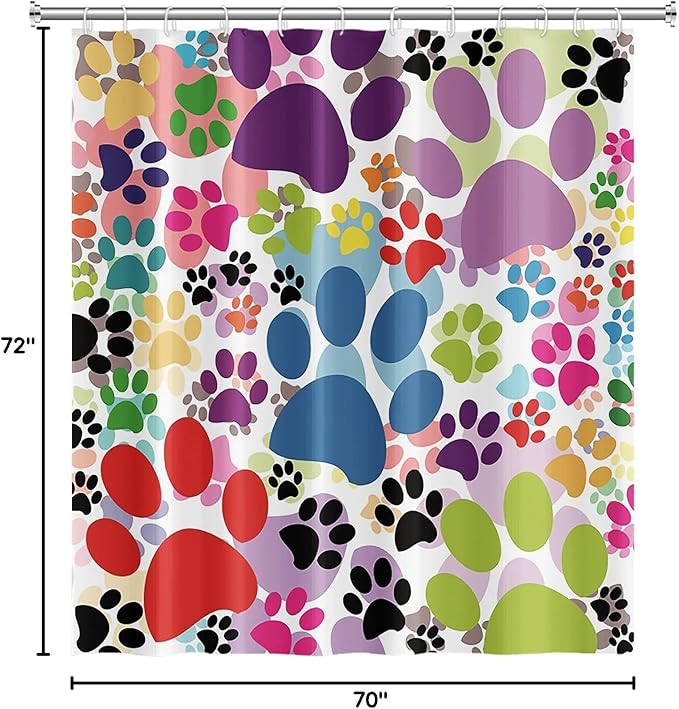 70x72inch Colorful Cartoon Dog and Cat Pawprints Kids' Shower Curtain Cute Animal Lovely Pet Puppy Cat Claw Prints Bath Curtain for Children Baby Bathroom Decor Fabric Polyester with Hooks