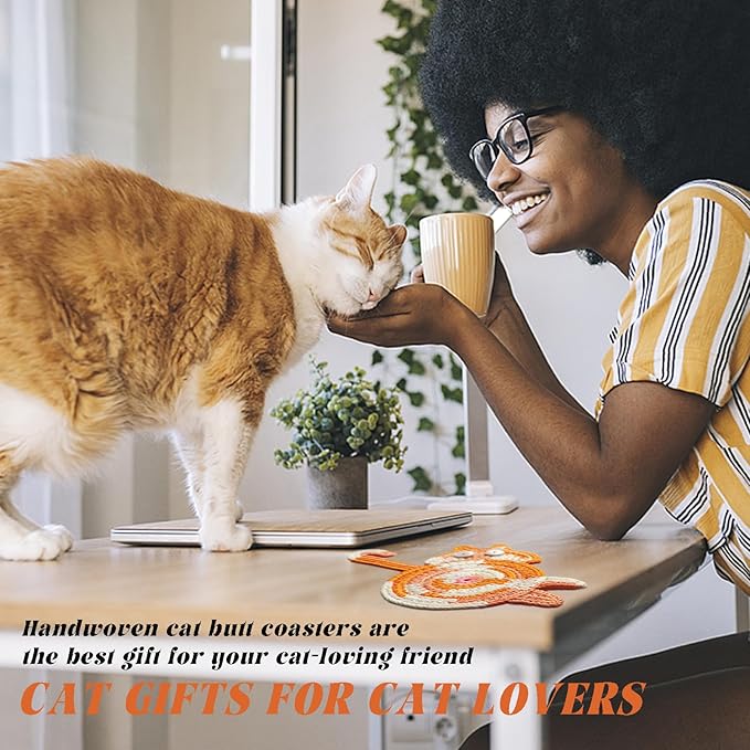 4Pcs Drink Coasters Cute Cat Design Coaster Funny Crochet Mug Coaster, Absorbent Hand Woven Drink Mat for Decoration, Lovers Gifts for Women Drink Cup Non-Slip Heat-Resistant (4Pcs)