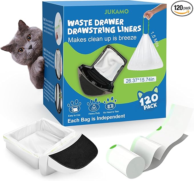 120 Pack Litter Box Robot 3 and 4 Waste Bags, 1.5 Mils Thick Drawstrings Closure Cat Litter Box Bags Liners Compatible with Automatic Self-Cleaning Robot, Replacement Waste Drawer Liners
