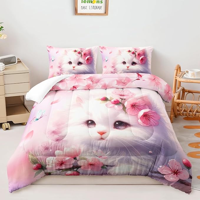 AILONEN Queen Bedding Set, Pink Cherry Blossom Kitten Comforter with 2 Pillowcases, 3 Piece Butterfly Cat Soft Duvet Set