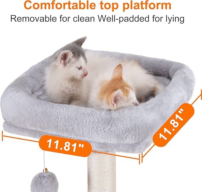 Heybly Cat Tree with Toy, Cat Tower Condo for Indoor Cats, Cat House with Padded Plush Perch, Cozy Hammock and Sisal Scratching Posts, Light Gray HCT004SW