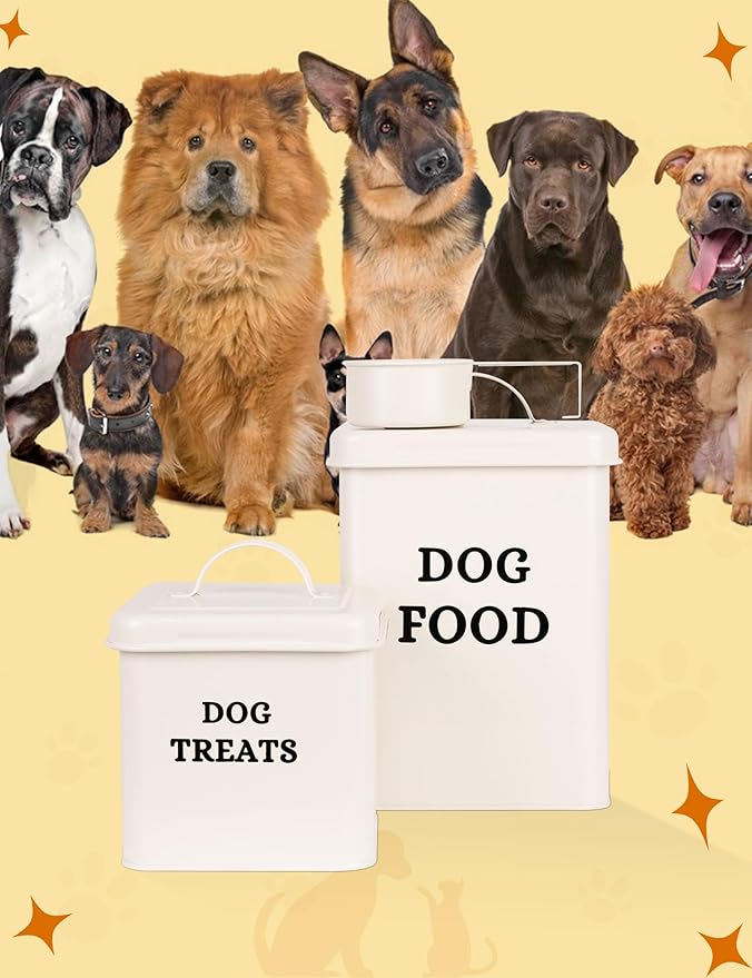 2 Packs Metal Airtight Dog Food Storage Container, Dog Treat Container With Lid & Scoop, Farmhouse Dog Treat Jar Dog Food Container, Cream