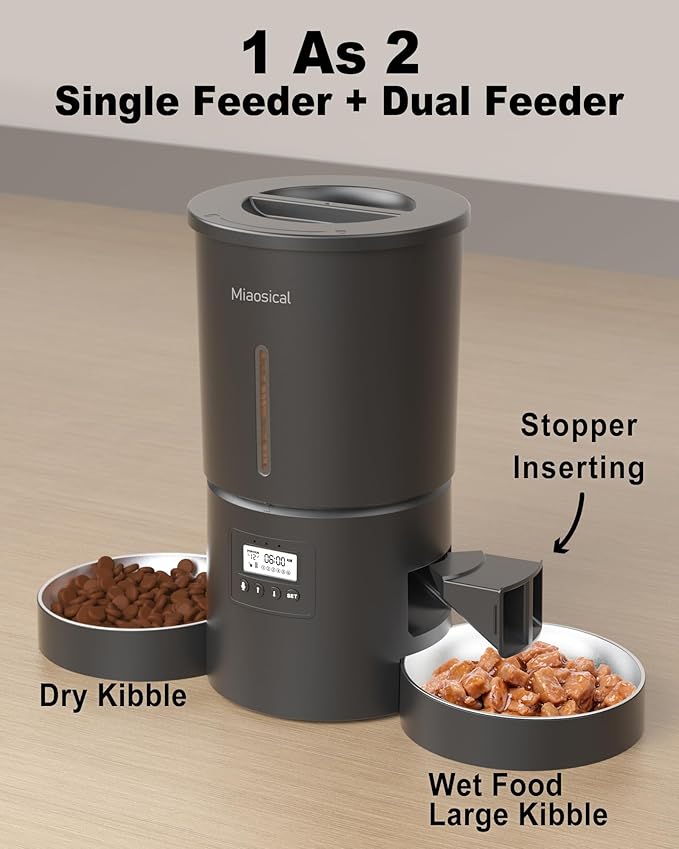 Automatic Cat Feeder for 2 Cats,4.2L Flexible Schedule,6 Meals/Day,1-12 Portions/Meal,Dual Power Auto Dual Pets Feeder Dry Food Dispenser,10S Voice Record(Black,4.2L+Stainless Steel 2 Bowls)