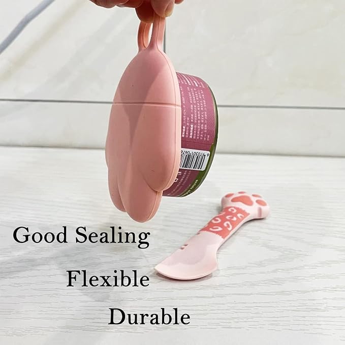 4 Pcs Cat Food Can Spoon & Can Covers | Cute Paw Silicone Pet Food Can Opener Spatula & Can Lids | Stainless Steel Wet Food Spoon for Cats and Dogs(Pink+Grey)