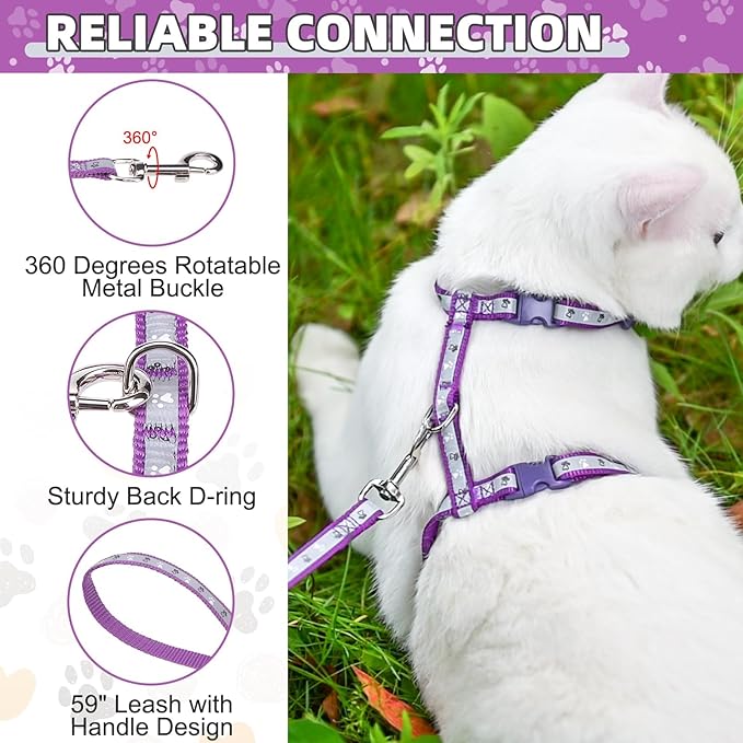 KOOLTAIL Cat Harness and Leash Set Escape Proof with Cat Airtag Holder Collars (3 in 1), Comfortable Lightweight Adjustable Kitten Harness for Small Medium Large Cats Safe Walking & Travel, Purple