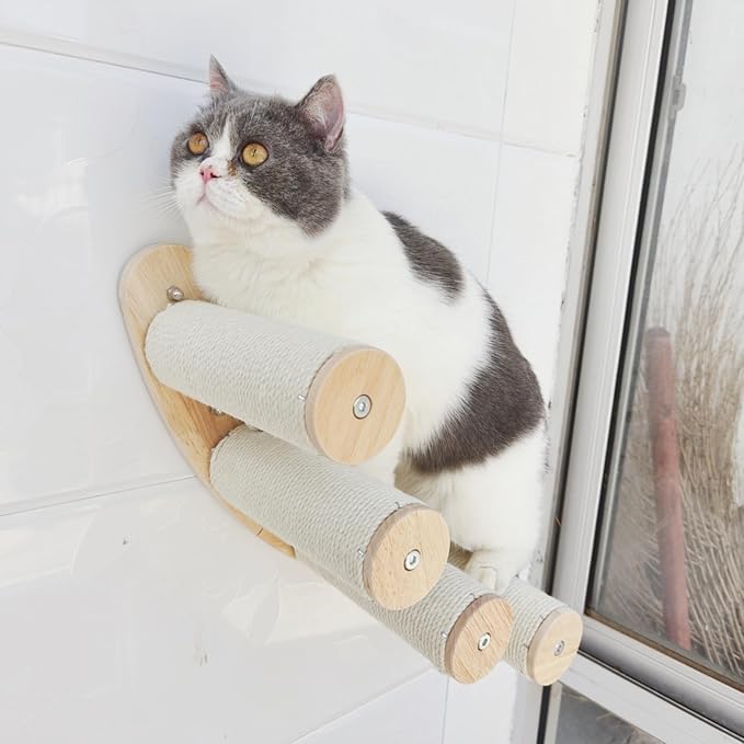 Cat Scratching Staircase, Wooden Climbing Post for Cats, Stairway Design Cat Climbing Shelf Wall Mounted, Four Step Cat Stairway with Jute Scratching for Cats Perch Platform (Round-Ladder)