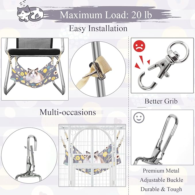 Cat Hammock Bed Cool Summer Hanging Adjustable Pet Hammock Bed for Cats/Small Dogs/Rabbits/Other Small Animals (Grey)