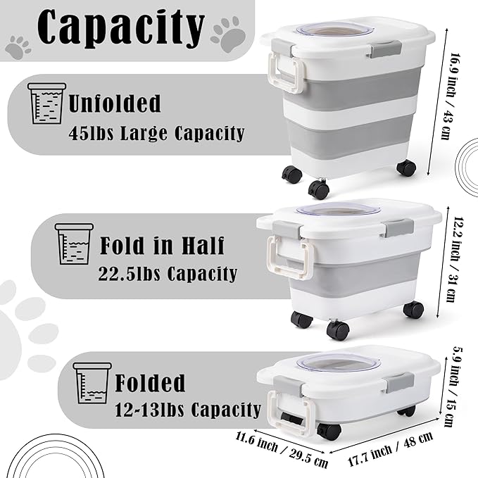 12-45 Lbs Dog Food Storage Container, Collapsible Pet Food Container with Spinner Wheels Scoop and Measuring Cup, Airtight Multifunctional Food Storage Container for Rice Dog Cat Pet Kitchen Dry Food