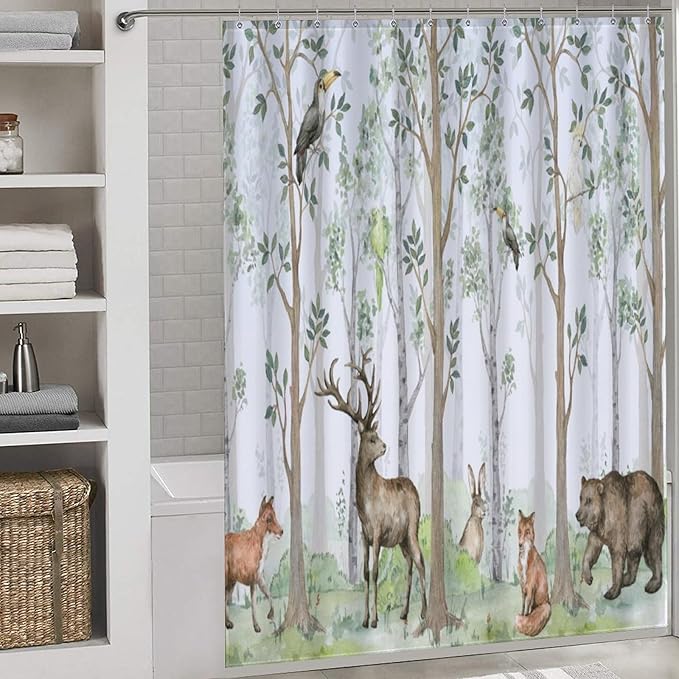 Animal Forest Watercolor Shower Curtains for Bathroom, Cartoon Bear Deer Fox Birds Rabbit Green Woodland Pattern Decor Bath Drapes Set with Hooks, Waterproof Fabric Windows Treatment, 66x72in