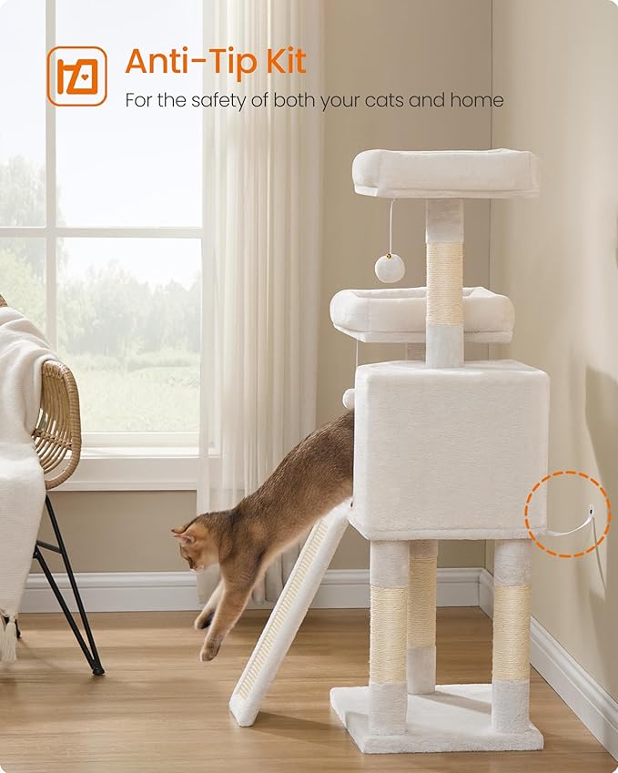 Feandrea Cat Tower, Cat Tree for Indoor Cats, 45.3-Inch Cat Condo with Scratching Post, Ramp, Perch, Spacious Cat Cave, for Kittens, Elderly Cats, Adult Cats, Small Space, Cream White UPCT141W02