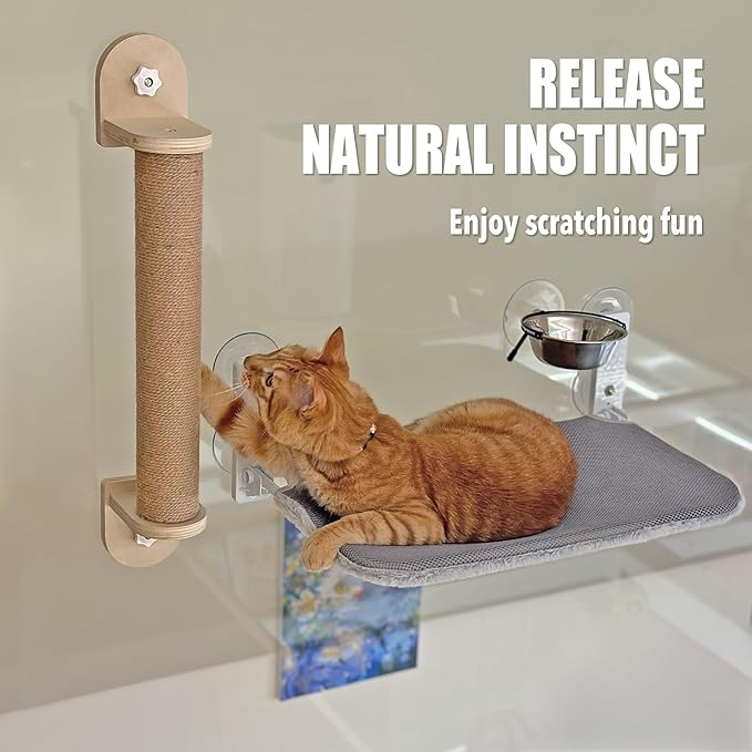 Meeyoview Cat Window Perch, Foldable Cat Window Hammock with Wooden Scratching Post and Stainless Steel Cat Bowls, Window Mounted Bed for Cats Inside (1 Cat Scratching Post)