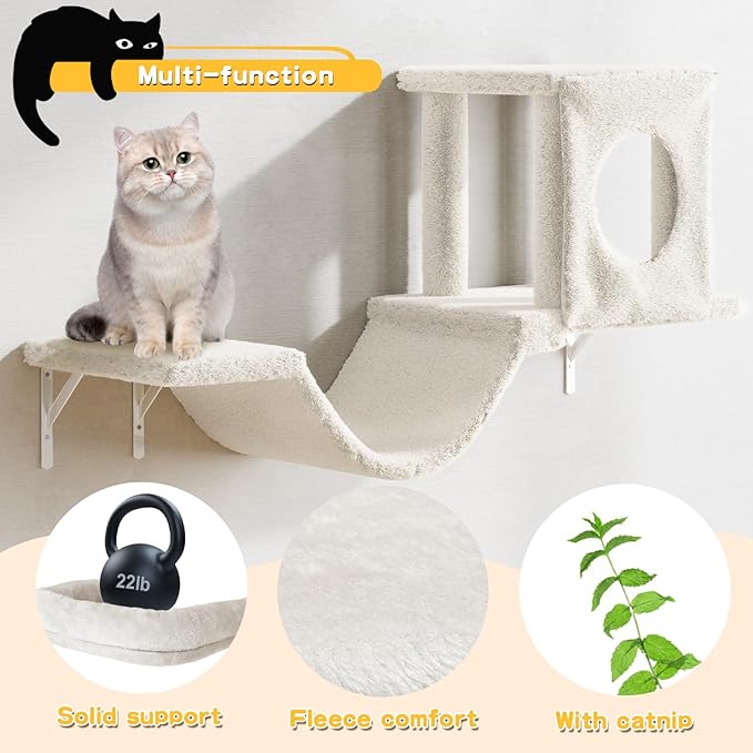 Wall Mounted Cat Furniture, 6pc Cat Wall Furniture, Cat Climber with Cat House, Bridge, Tree, Steps, and Scratcher, DIY Cat Walls Playground, Cat Shelves for Indoor Wall Furniture Set - White