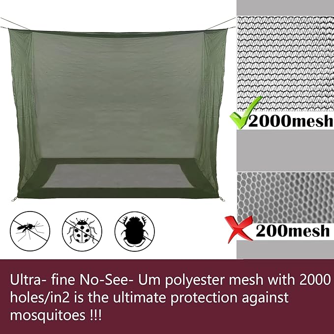 Aventik No-See-Um Premium Rectangular Camping Mosquito Net, The Ultra-Fine Mesh Olive-Green Easy to Carry&Easy Installation for Double Bed, Hammocks or Camping Use (82x65x69in/208x165x175cm)