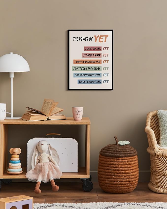 "The Power of Yet" Modern Inspirational Framed Canvas Wall Art, Uplifting 12"x16" Motivational Colorful Wall Decor, Positive Affirmation Encouraging Quote Art Office Classroom Home School