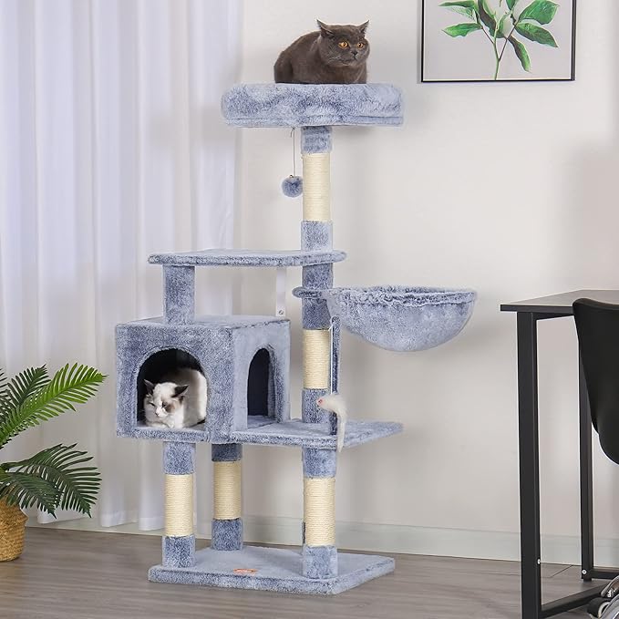 Heybly Cat Tree with Toy, Cat Tower condo for Indoor Cats, Cat House with Padded Plush Perch, Cozy Hammock and Sisal Scratching Posts, Pewter HCT004PE