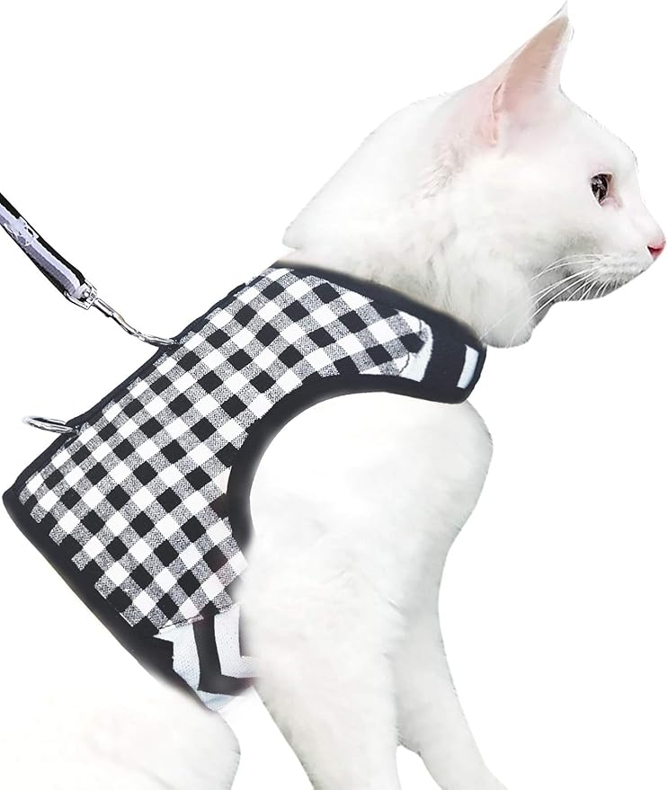 Cat Harness and Leash for Walking Escape Proof, Adjustable Cat Vest Harness, Padded Stylish Cat Walking Jackets, Black Plaid, X-Small