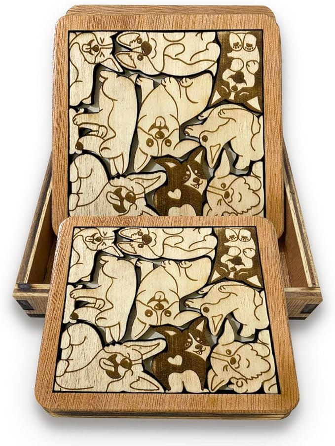 02 Corgi Dog Coaster - Corgi Dog Puzzle Wooden Coaster Set - Interlocking Jigsaw Drink Mats with Laser-Cut Design for Corgi Lovers (Corgi Dog)