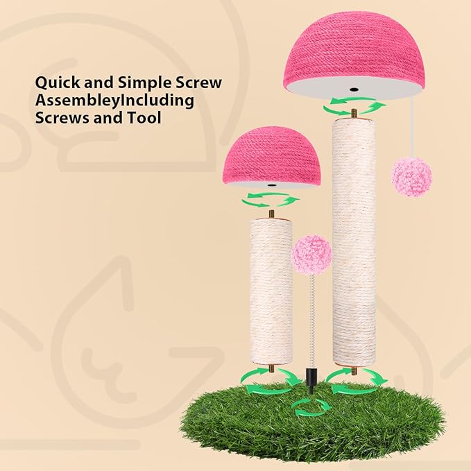 Odoland Cat Scratching Post Mushroom Natural Durable Sisal Board Scratcher for Kitty’s Health and Good Behavior, Furniture Scratch Deterrent Accessories for Cats Pink