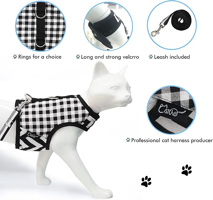 Cat Harness and Leash for Walking Escape Proof, Adjustable Cat Vest Harness, Padded Stylish Cat Walking Jackets, Black Plaid, Extra Large