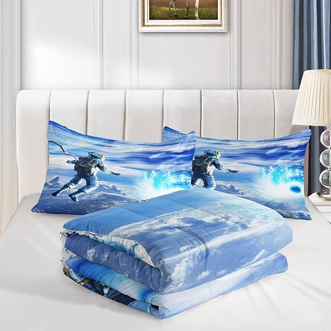 AILONEN Astronaut Comforter Set for Teens Boys Kids Girls, Space Astronaut Bedding Set Twin Size,Outer Space Themed Quilted Duvet Bed Set,Planet Quilt,1 Comforter 2 Pillowcases 3 Piece