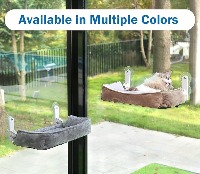 Foldable Cat Hammock for Window with Bolster - Cordless, Fold-Up, Three-Side Bolstered Machine Washable Fluffy Bed, Robust Metal Frame - Cat Window Perch for Large Cats and Kittens - Gray