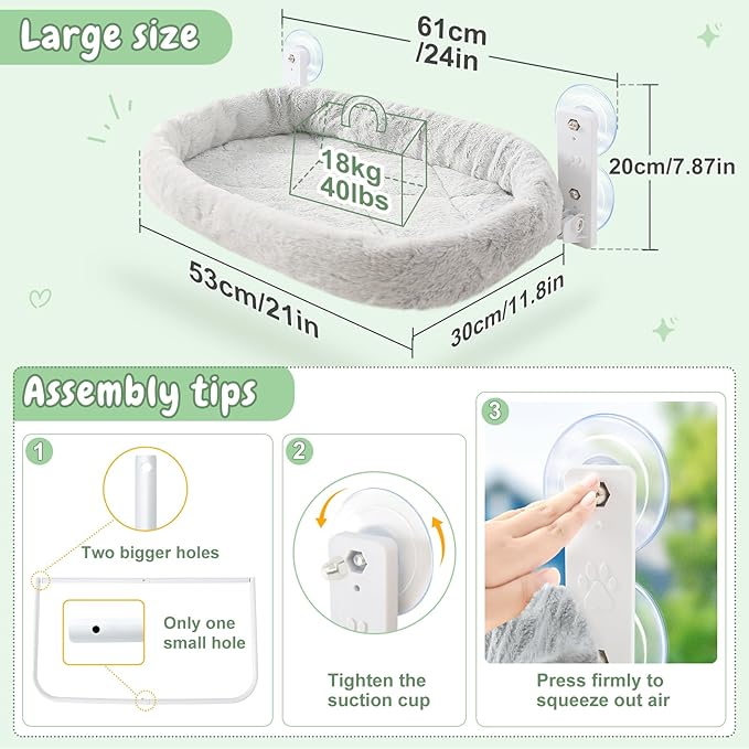 Sunhoo Cat Hammock Perch for Window Seat Bed Indoor Cats Lounger Window Sill Ledge Foldable Kitten Shelf Cordless No Drilling Washable Plush Cushion Heavy Duty Metal Frame 21 * 11.8 in Easy Assembly