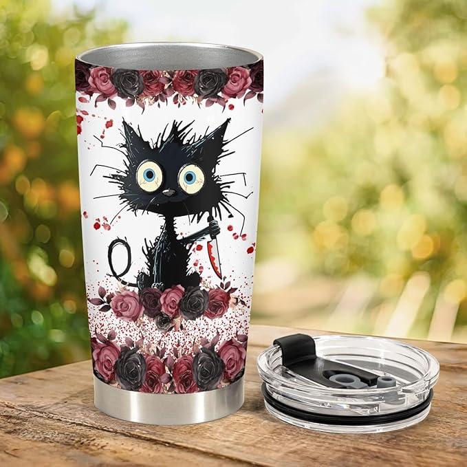 34HD Crazy Cat Tumbler with Lid, 20 oz Stainless Steel Vacuum Insulated Put You In The Trunk Mug, Funny Gifts for Cat Lover Women Men, Black Kitty Gifts for Birthday Halloween Christmas