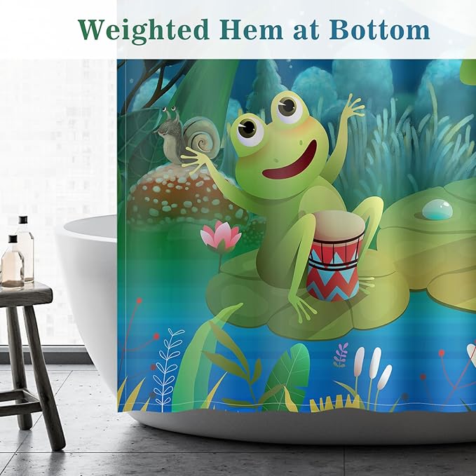Aimego Funny Frog Shower Curtain - Cute Cartoon Frogs Dragonfly Lotus Leaf Floral Pond Wildflower Moon Fun Bath Shower Curtain Set with 12 Hooks for Kids Adults Bathroom Decor Accessories,72"x72"