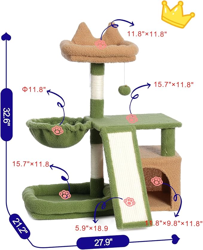 Cat Tree, Cat Tower with condo, Basket, Large Bed, Platform, Scratch Board, Cat Scratching Posts for Indoor Cats, Green and Yellow GCT002SGY