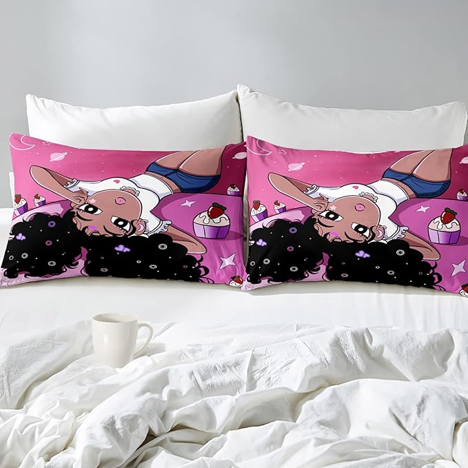 African American Comforter Sets for Girls, Black Girls Kids Comforter Sets 2 Piece Pink Twin Size Bedding with 1 Pillowcase