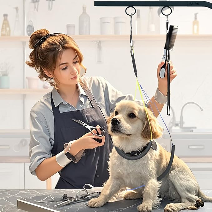 31" Dog Grooming Arm with Clamp – Adjustable Dog Grooming Table Arm Customizable Height for Small & Medium Dogs, with Grooming Loop Noose & Two No-Sit Haunch Holder Restraint, Black
