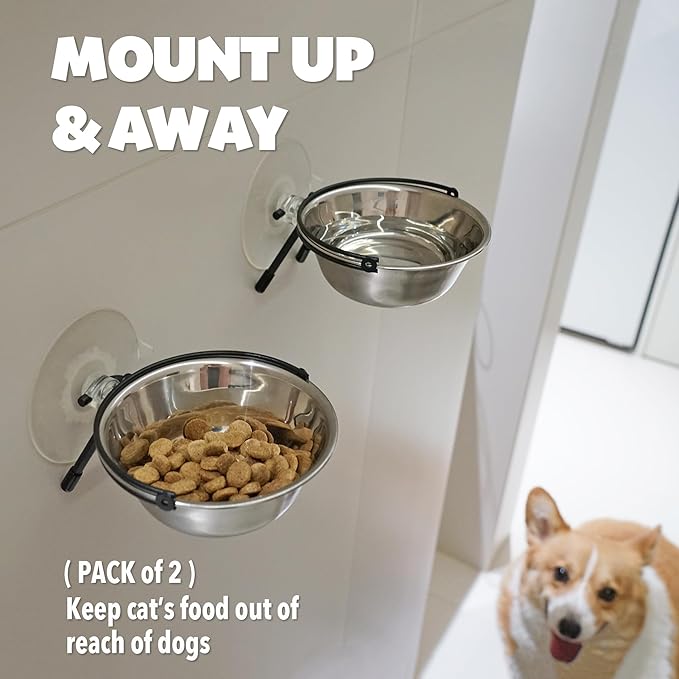 PETKARAY Window Cat Bowls, Cat Food Bowl for Window, Dog Proof Cat Feeding Station, Foldable Stainless Kitty Bowl 12 Ounces (Pack of 2)