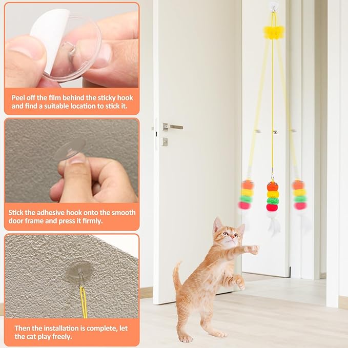 8PC Interactive Cat Toy Cat Feather Toy, Hanging Cat Toy Cat Door Toy Retractable Cat Teaser Hunting Toy, Door Hanging Kitten Mouse Toy Door Frame Hanger for Indoor Cat Mental Physical Play