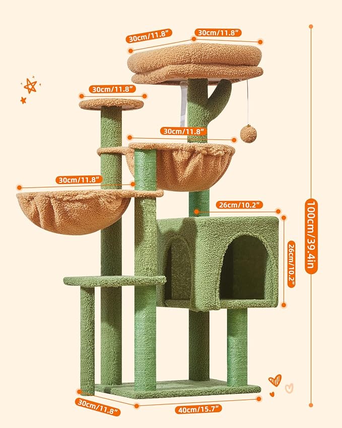 Taoqimiao Cat Tree, 39.4-Inch Cat Tower for Indoor Cats,Suitable for Kittens,Plush Cat Condo with 5 Scratching Posts, Plush Perch,2 Hammock,Pompoms, MS019T Cactus