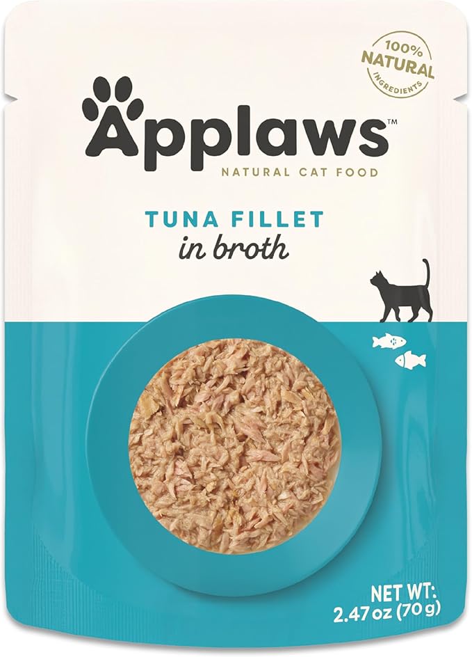 Applaws Natural Wet Cat Food in Broth, Limited Ingredient Wet Cat Food Pouches, No Additives, Made with Natural Ingredients, Tuna Fillet in Broth (12 x 2.47oz Pouches)