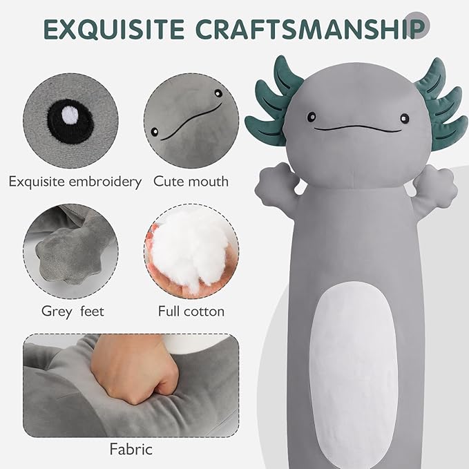 36 inch Cute Giant Grey Axolotl Plush Soft Long Body Pillow, Large Squishy Plushies Axolotl Stuffed Animals Toy, Gifts for Kids Boys Girls Birthday