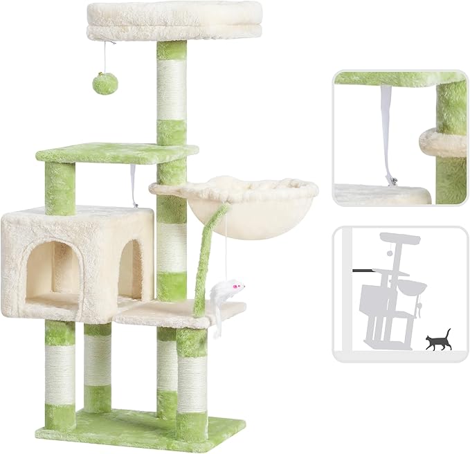 Heybly Cat Tree with Toy, Cat Tower condo for Indoor Cats, Cat House with Padded Plush Perch, Cozy Hammock and Sisal Scratching Posts, Green and Beige HCT004SGM